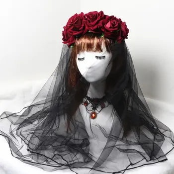 Gooti Lolita pits Roosa peapael musta peakatet klambri külge Vintage lilled loor cosplay tarvik